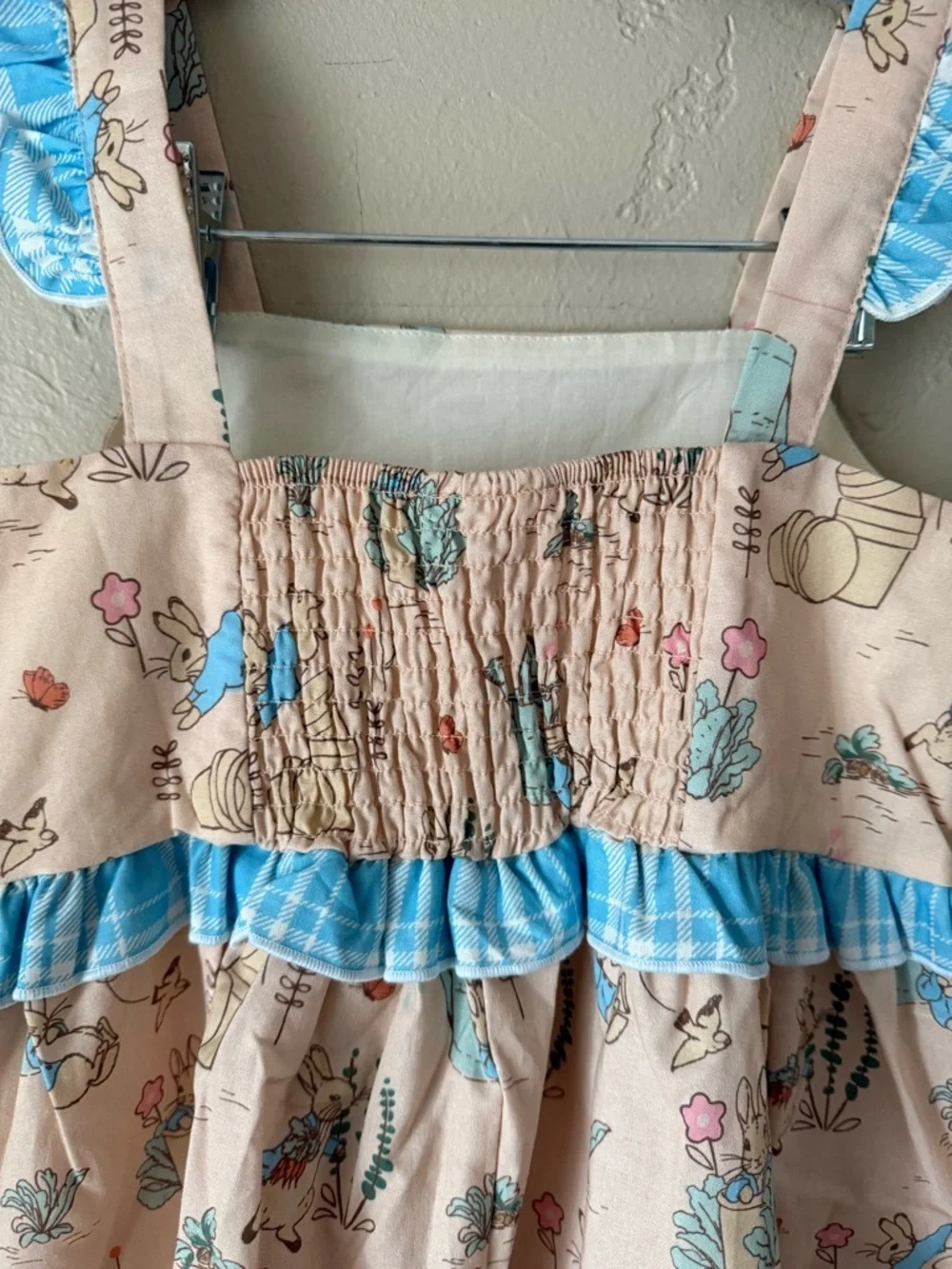 Peter Rabbit Girls Pink Flower Bunny Sundress with Blue Gingham Trim Spring 5